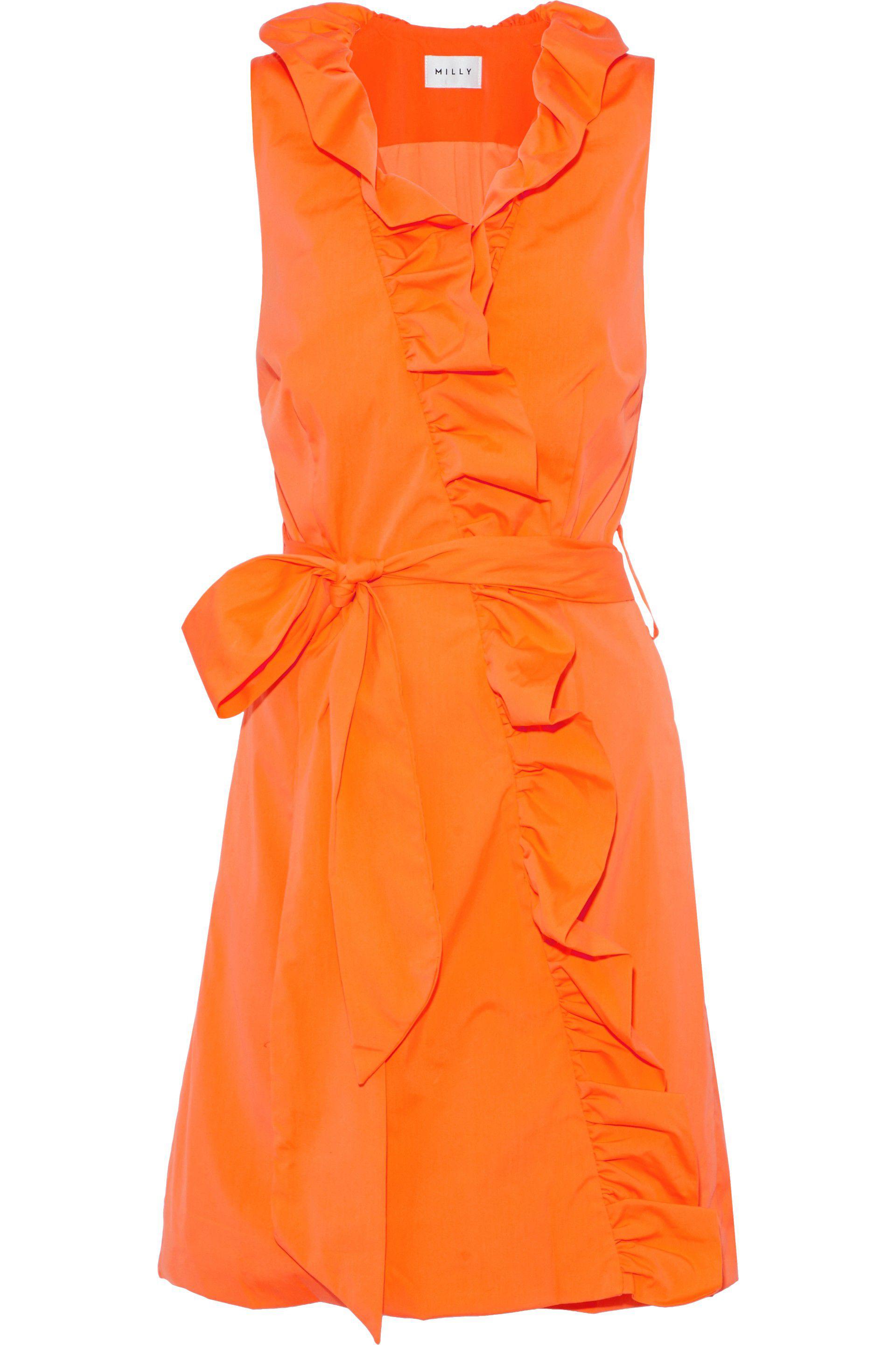 Lyst - Milly Neon Ruffled Cotton-blend Poplin Wrap Mini Dress in Orange