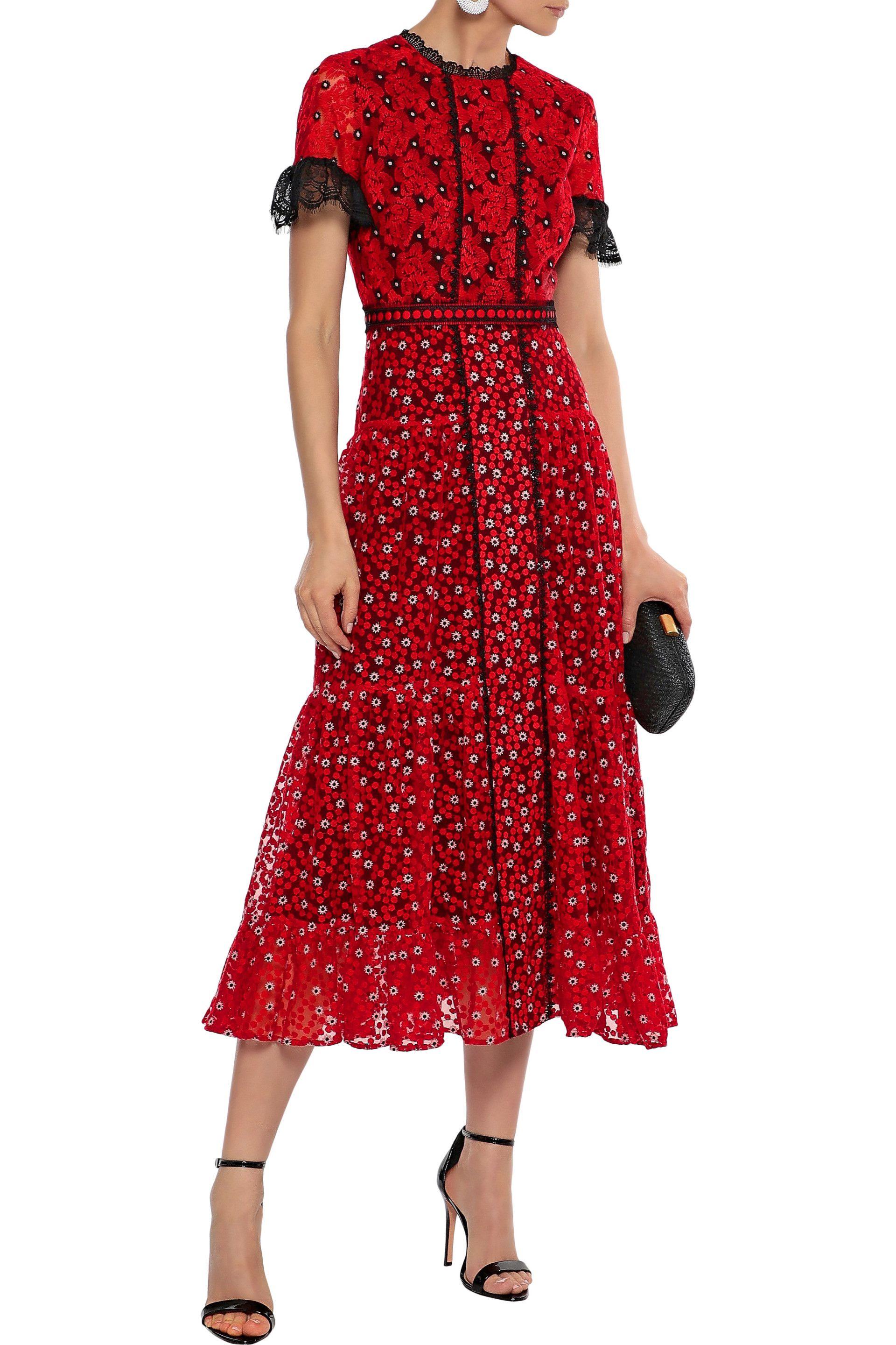 Saloni Woman Andie Lace-trimmed Embroidered Tulle Midi Dress Red in Red ...