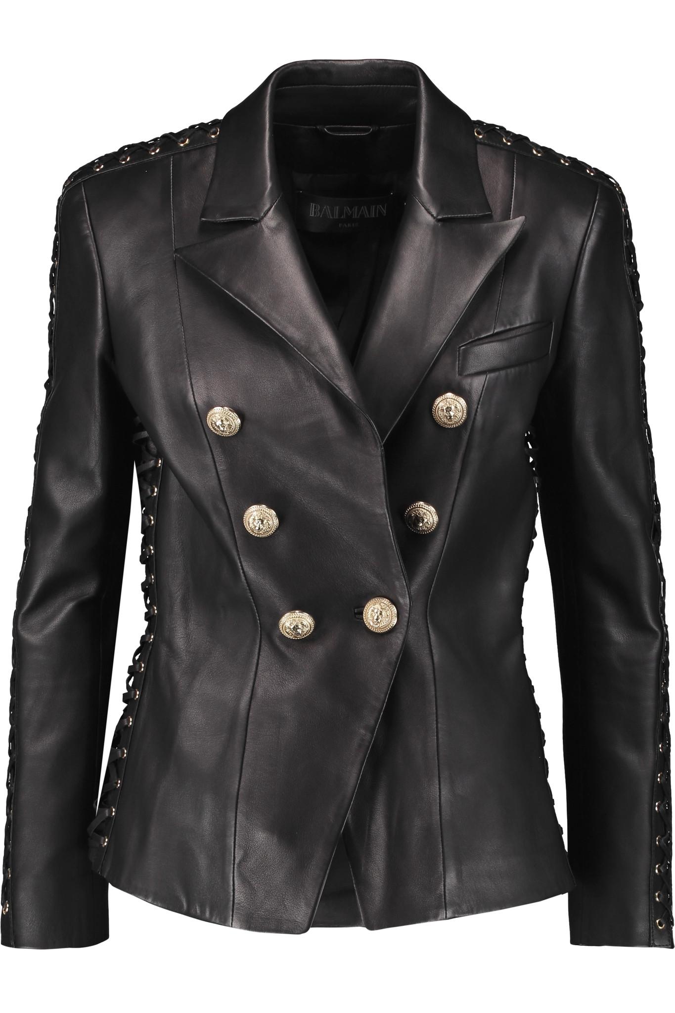 Balmain Embellished Lace-up Leather Jacket in Black | Lyst