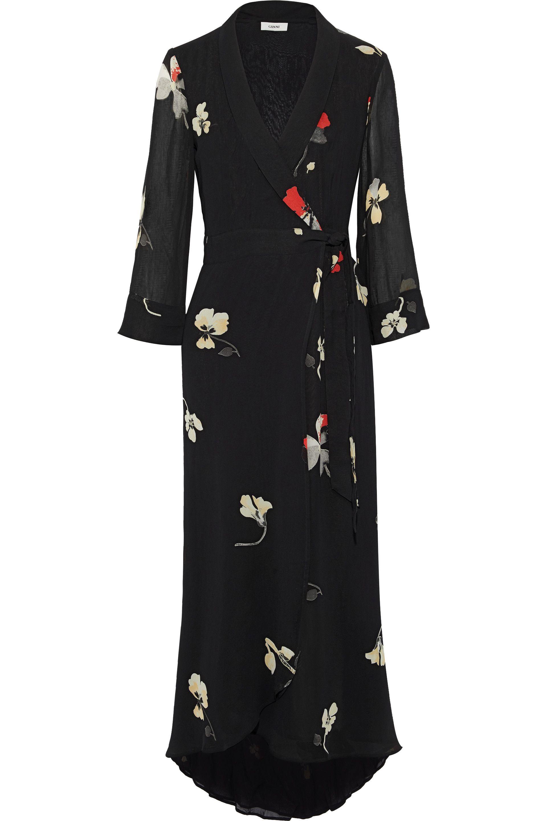 Ganni Synthetic Lorita Floral-print Georgette Maxi Wrap Dress Black - Lyst