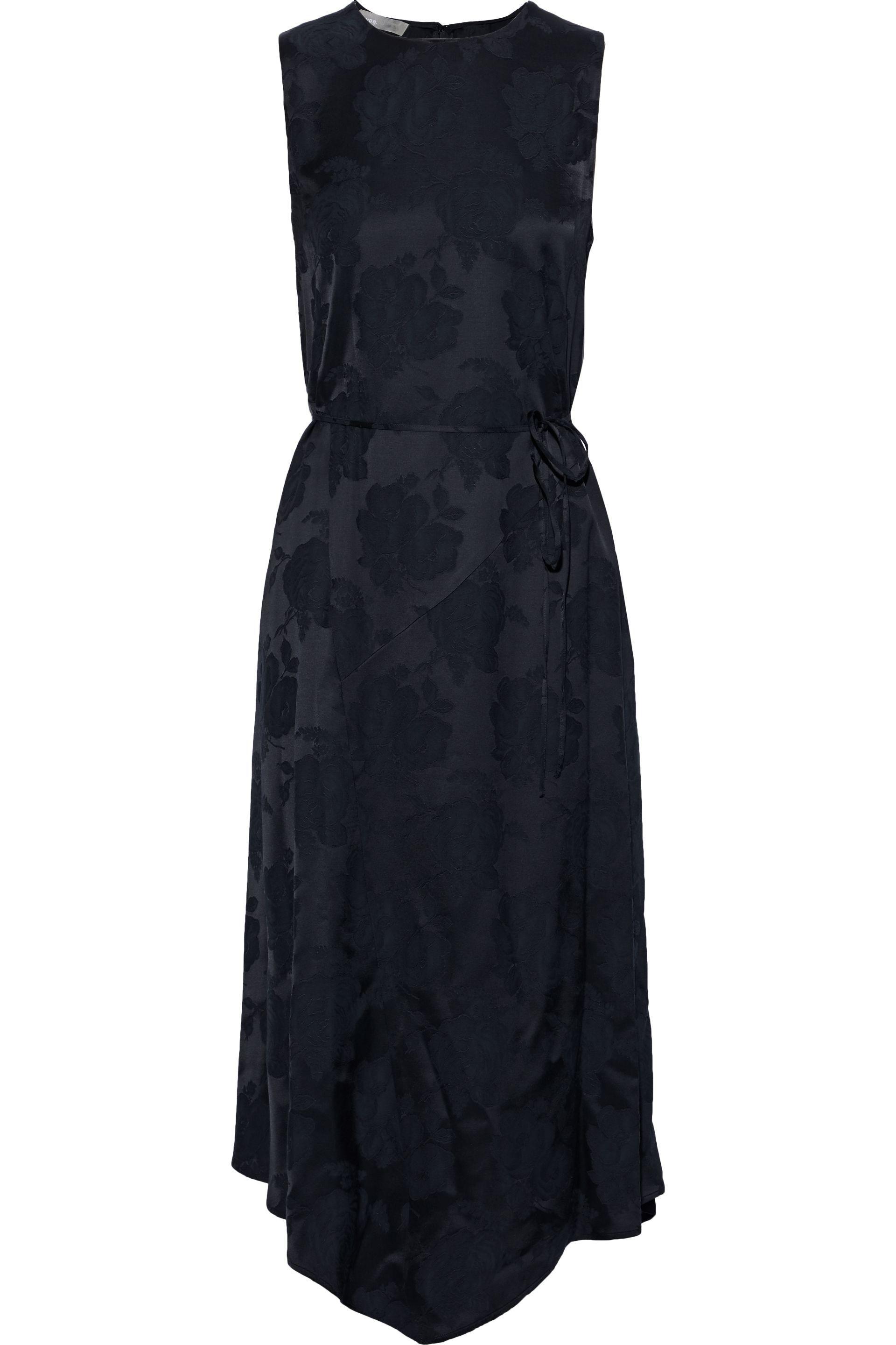 Vince Belted Floral Satin-jacquard Midi Dress Navy in Blue - Lyst