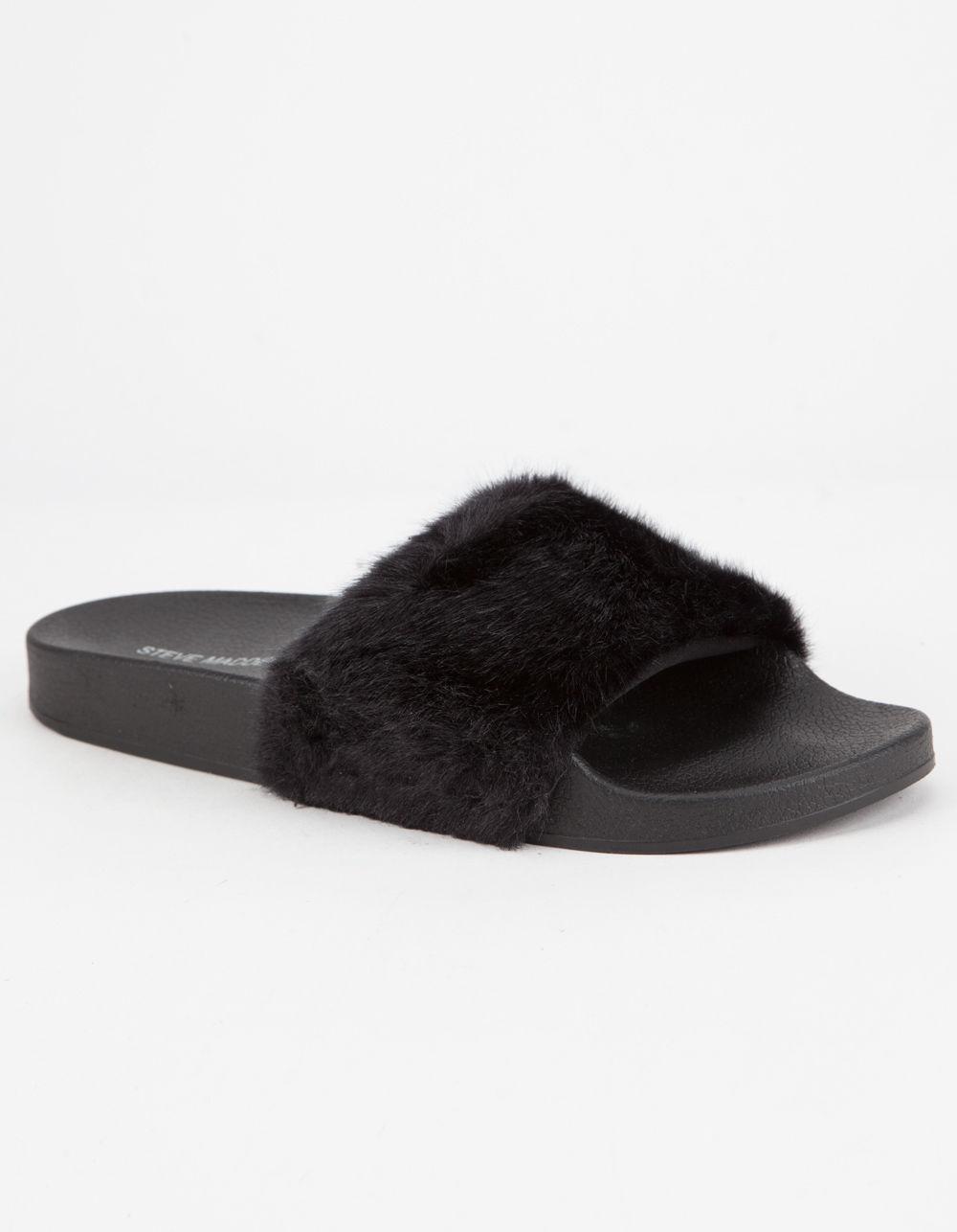 Steve Madden Softey Faux Fur Slide-on Sandals in Black - Lyst
