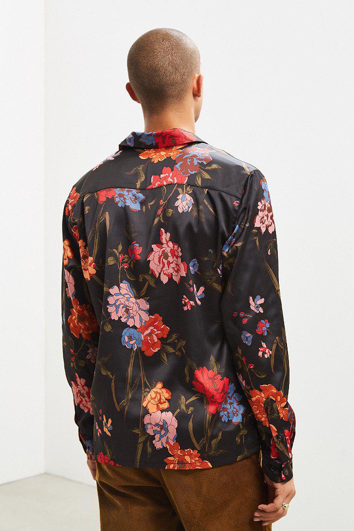 Lyst - Urban Outfitters Uo Floral Satin Button-down Shirt in Black for Men