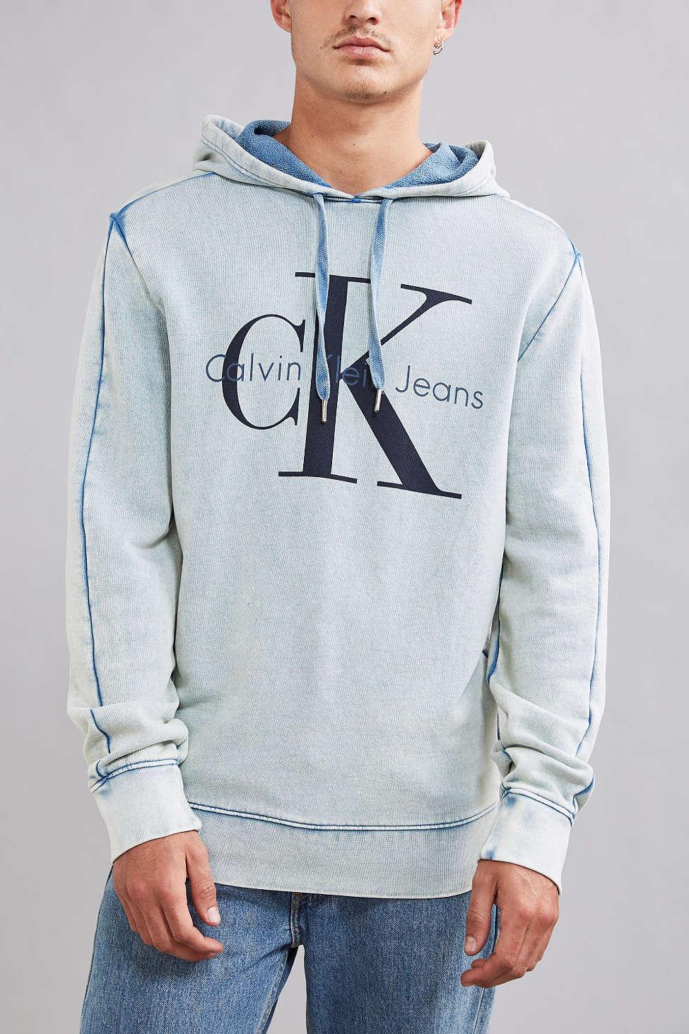 Lyst - Calvin Klein Classic Logo Acid Wash Hoodie Sweatshirt in Blue ...
