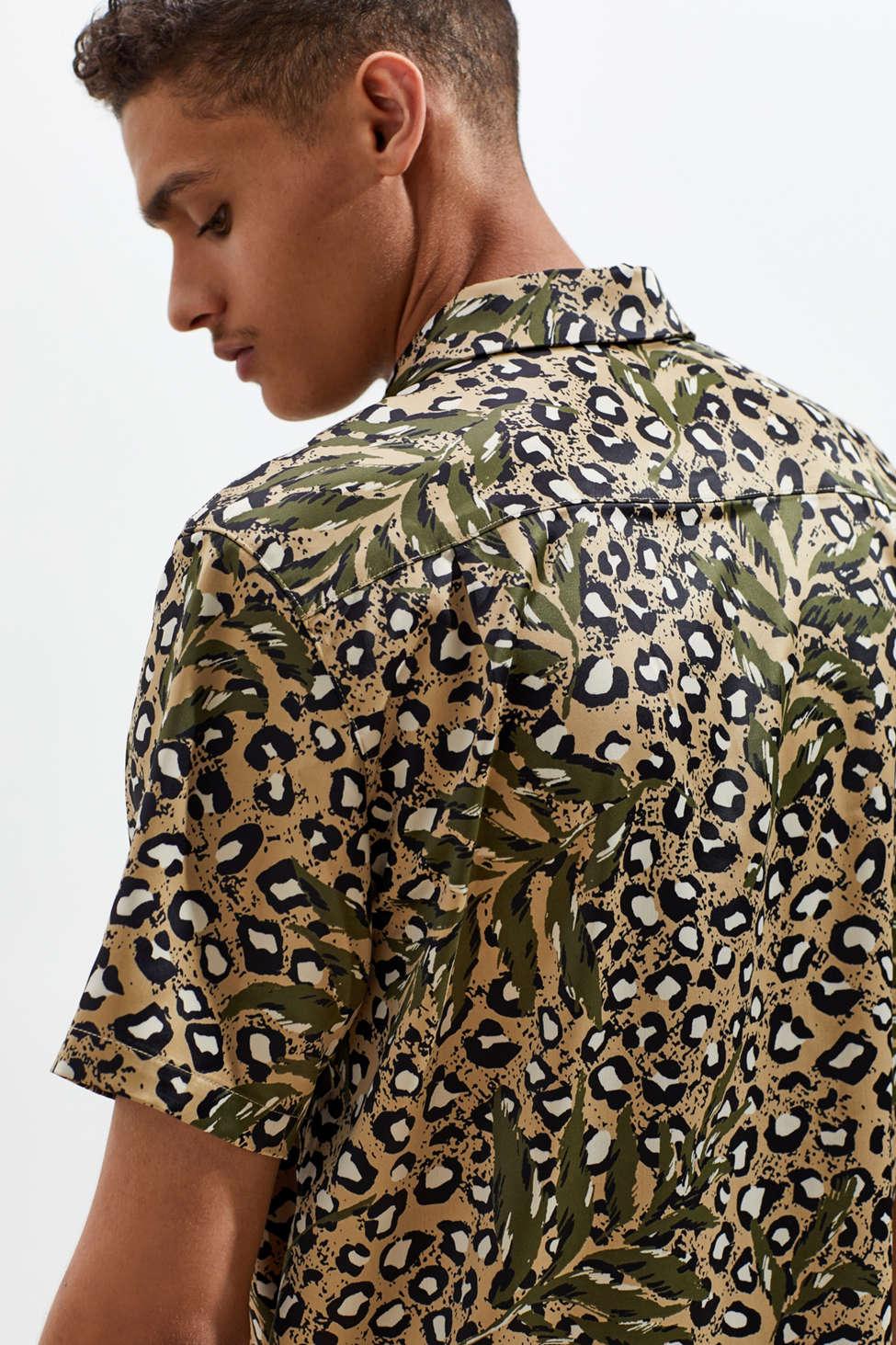 Urban Outfitters Uo Leopard Print Satin Short Sleeve Buttondown Shirt