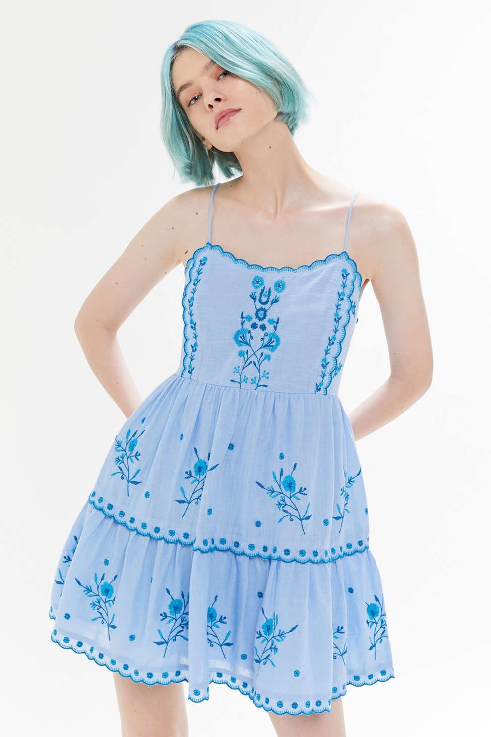 Urban Outfitters Uo Hanna Embroidered Scalloped Babydoll Mini Dress in