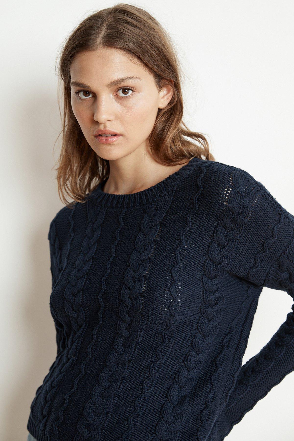 Velvet By Graham & Spencer Arely Cotton Cable Knit Sweater in Blue - Lyst