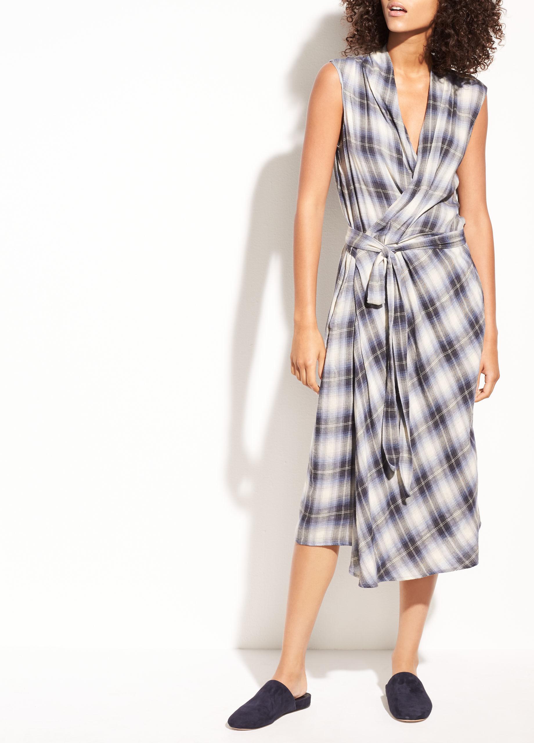 Vince Shadow Plaid Sleeveless Cotton Wrap Dress - Save 2% | Lyst