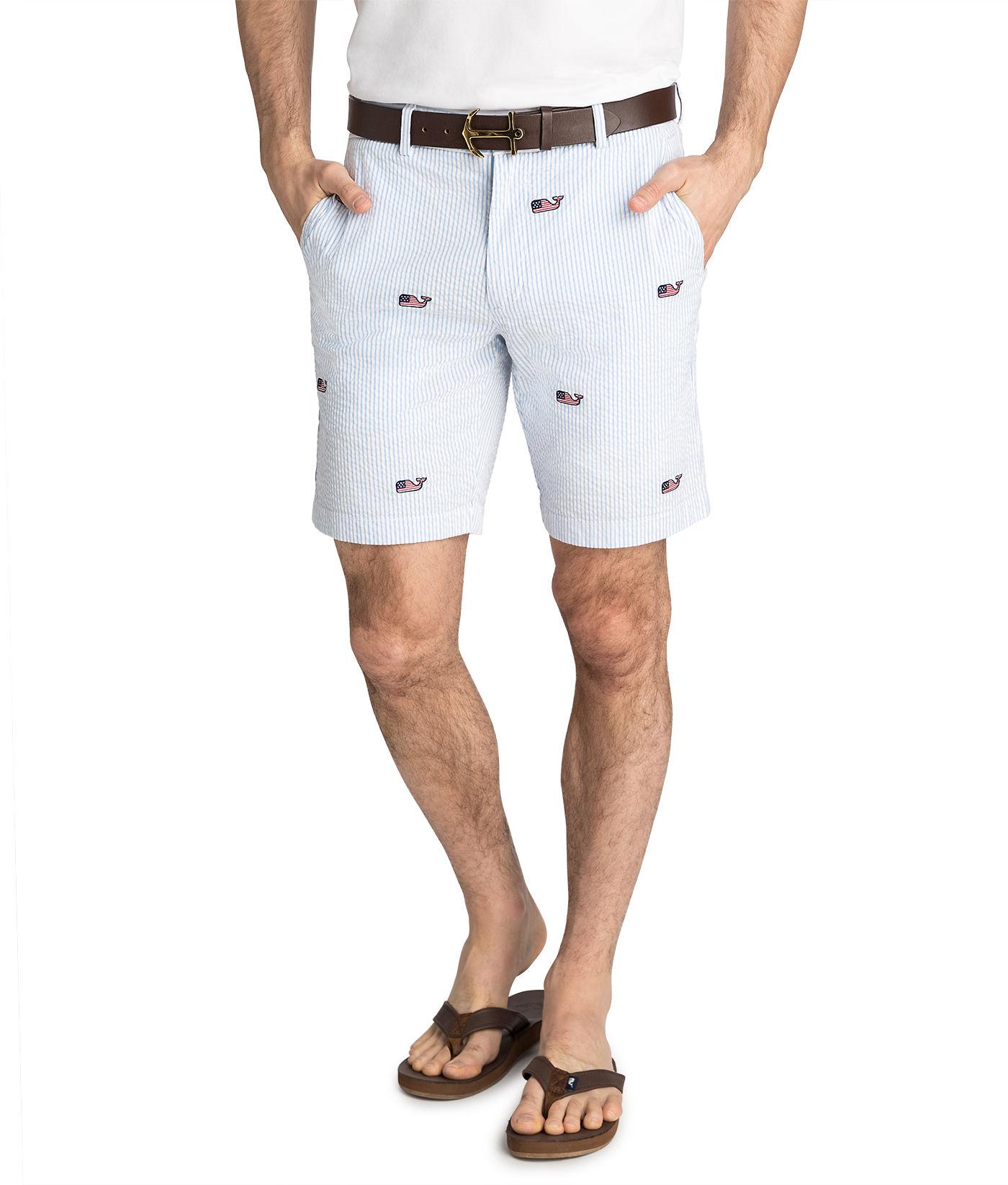 Vineyard Vines 9 Inch Flag Whale Embroidered Seersucker Breaker Shorts
