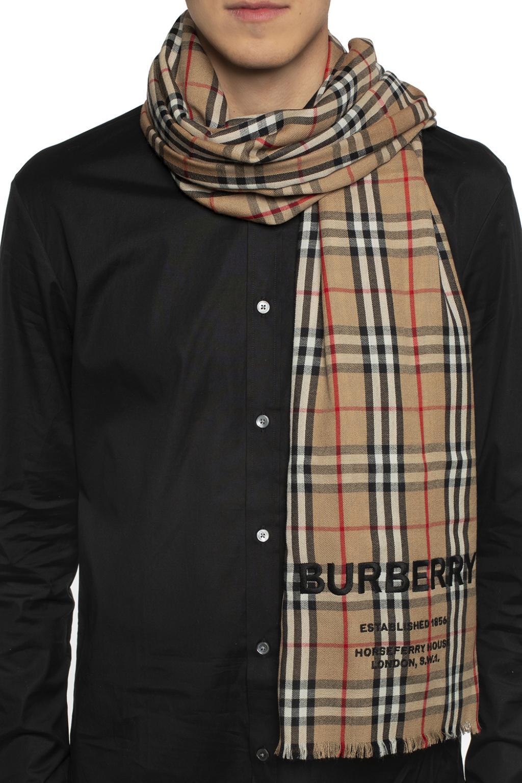Burberry Patterned Scarf With Logo in Brown for Men - Lyst
