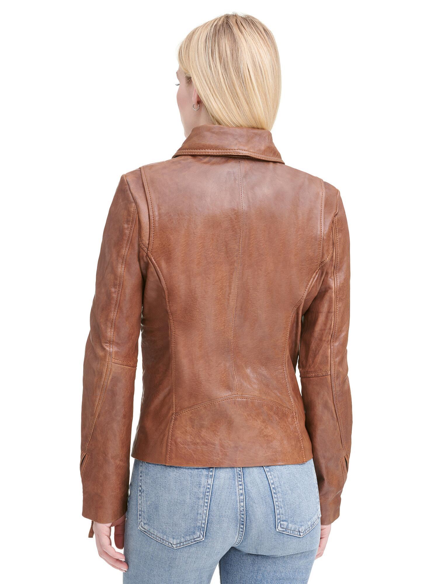 Women S Brown Asymmetrical Lamb Moto Jacket W Shirt Collar
