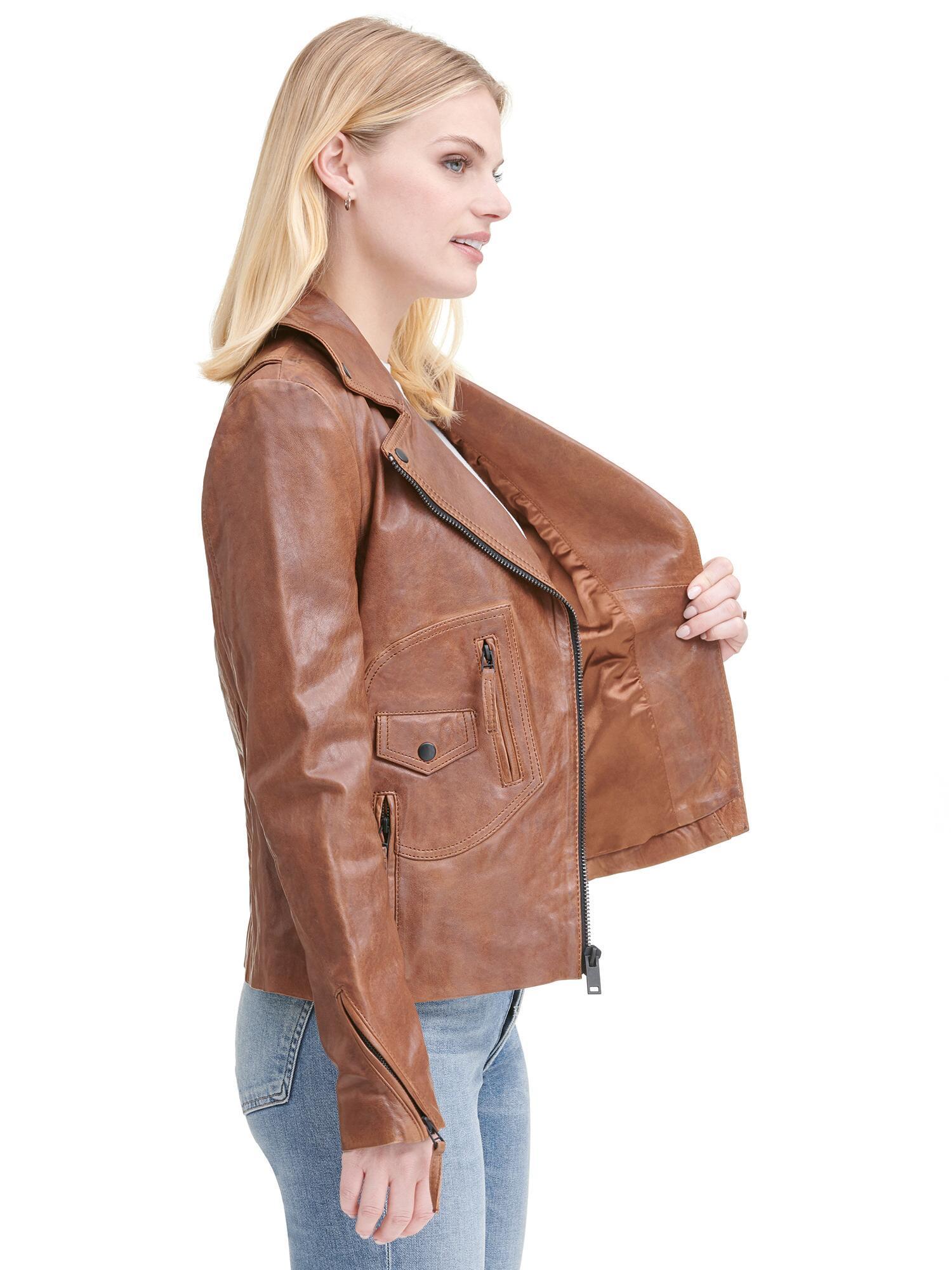 Women S Brown Asymmetrical Lamb Moto Jacket W Shirt Collar