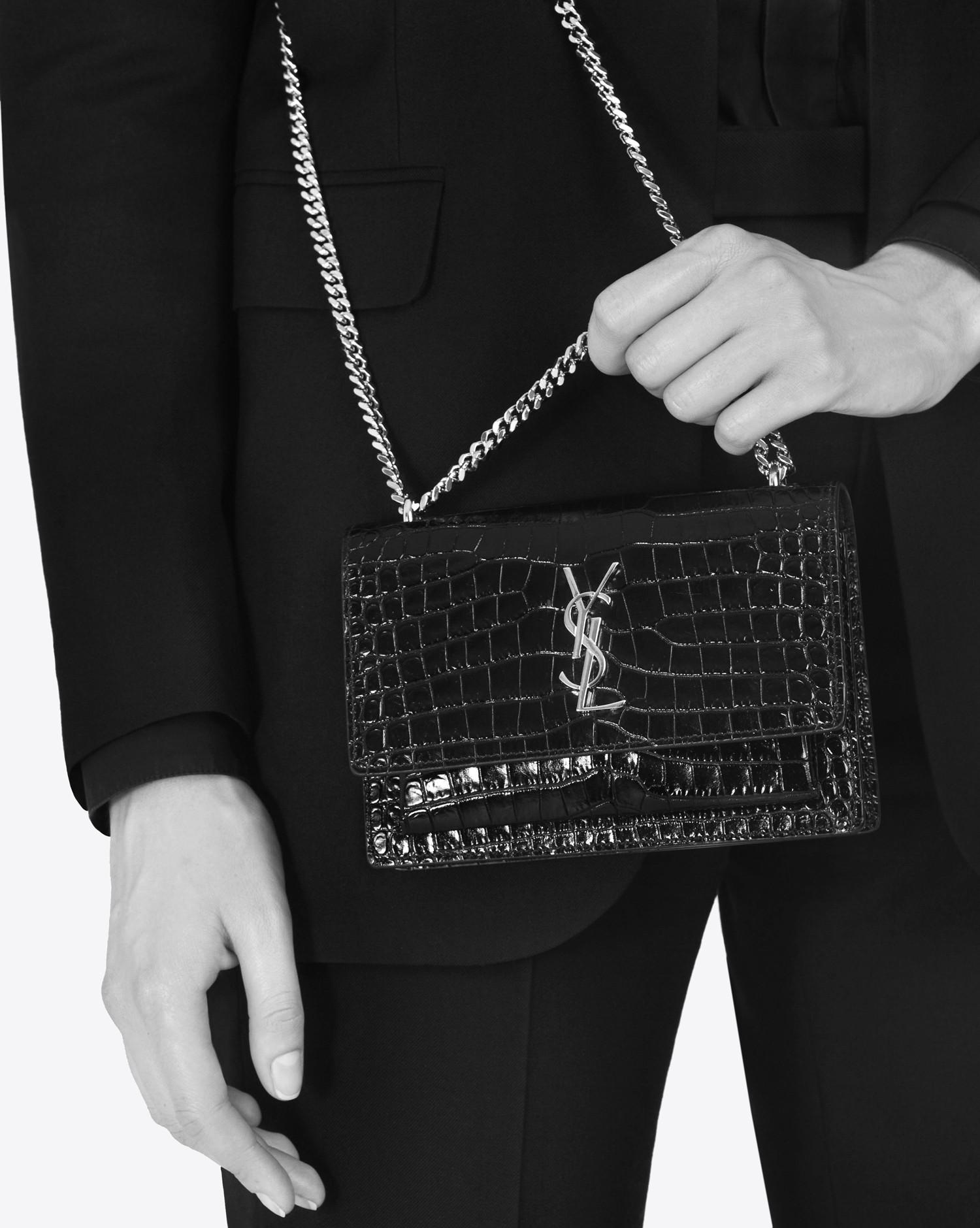 ysl sunset chain wallet in crocodile embossed shiny leather