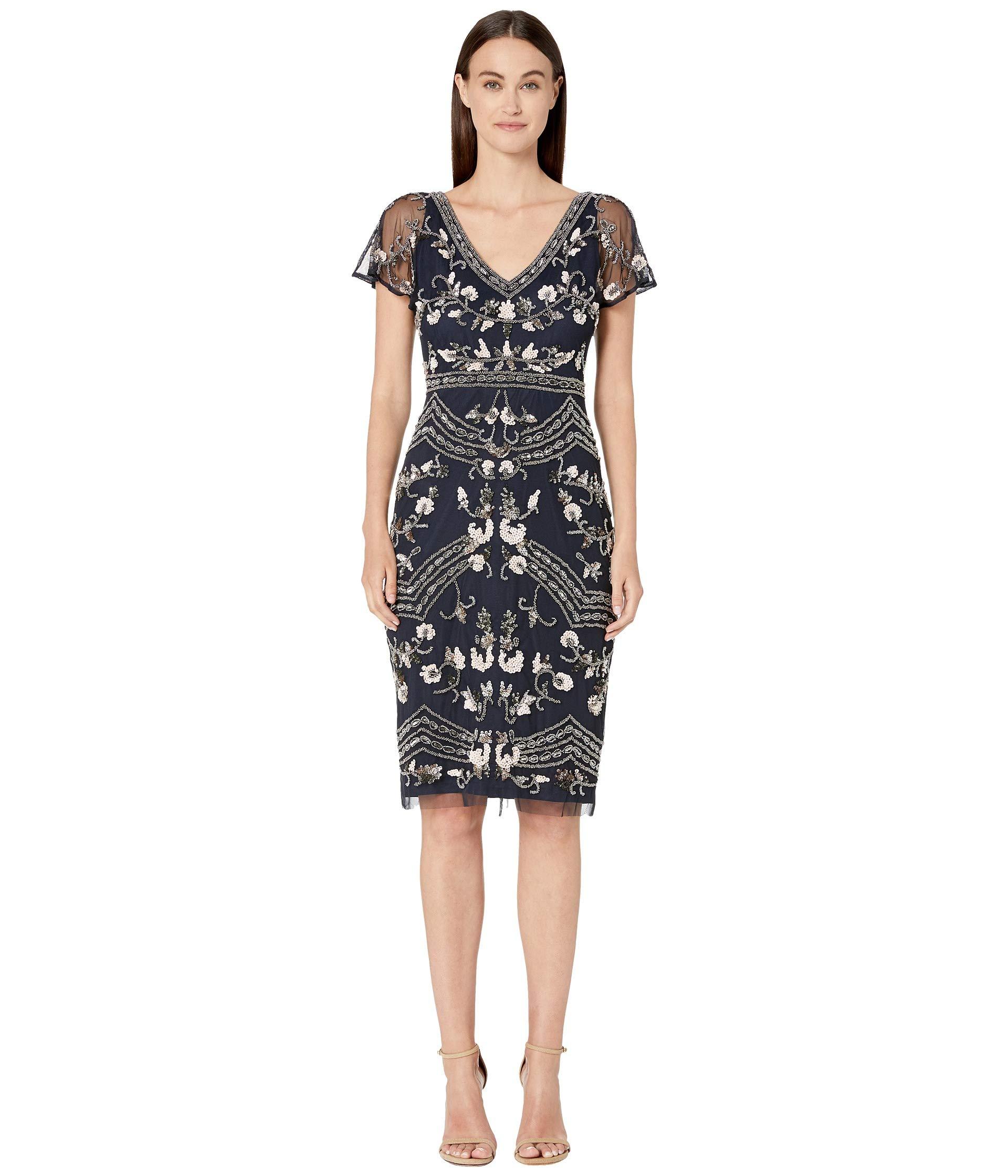 Adrianna Papell Floral Beaded Flutter Sleeve Cocktail Dress in Black - Lyst