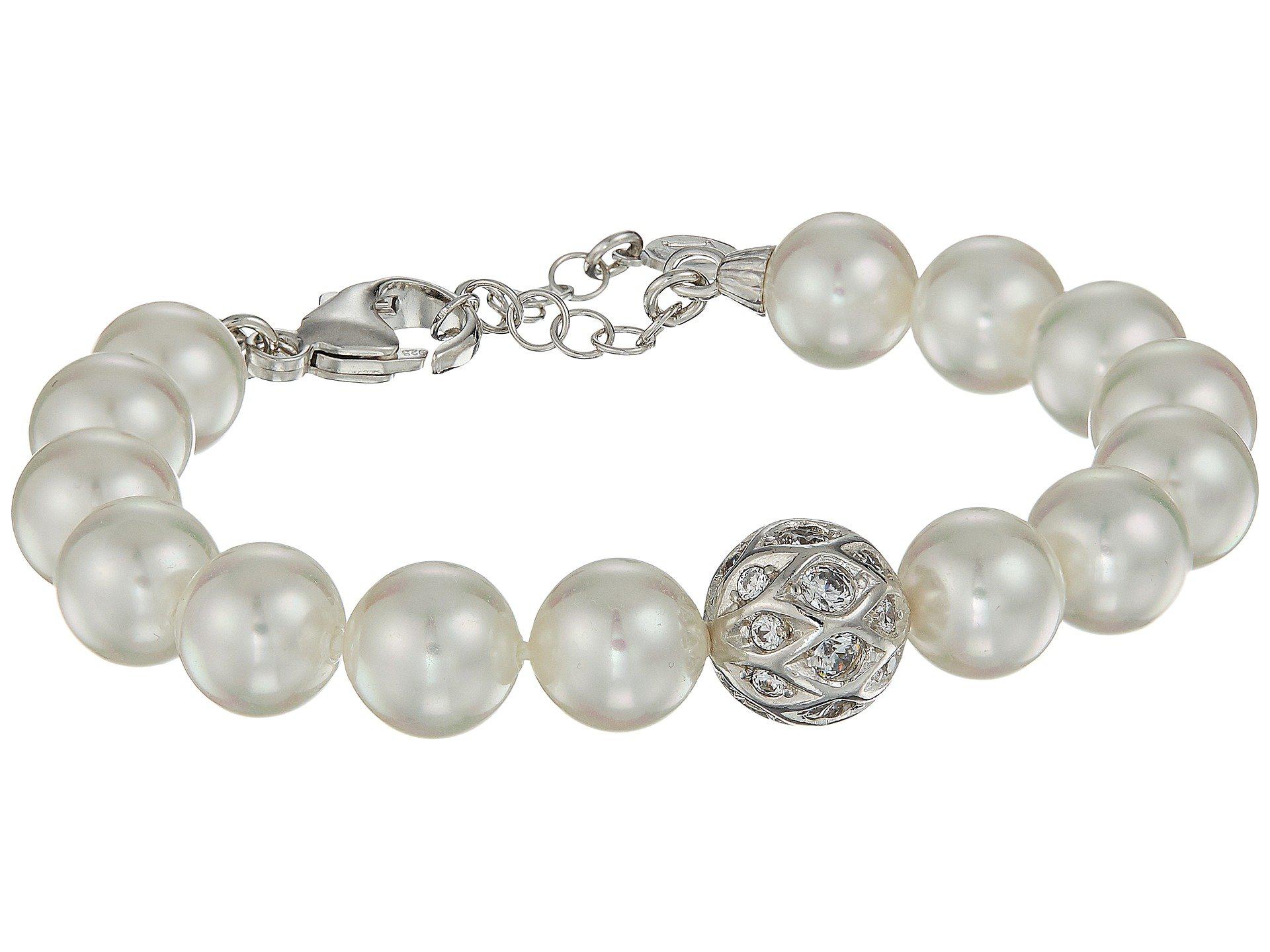 Lyst Majorica 10mm Round Pearls And Cz Silver Bracelet 7 5 8 Majorica