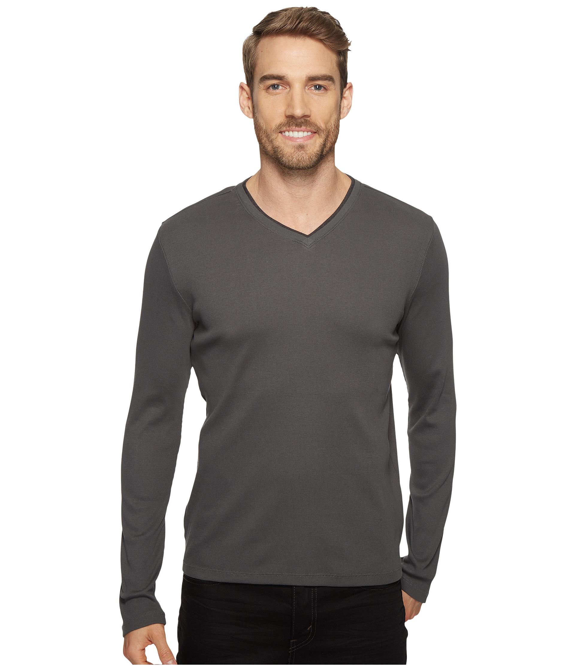 Calvin Klein Long Sleeve Rib V Neck T Shirt In Gray For Men Lyst