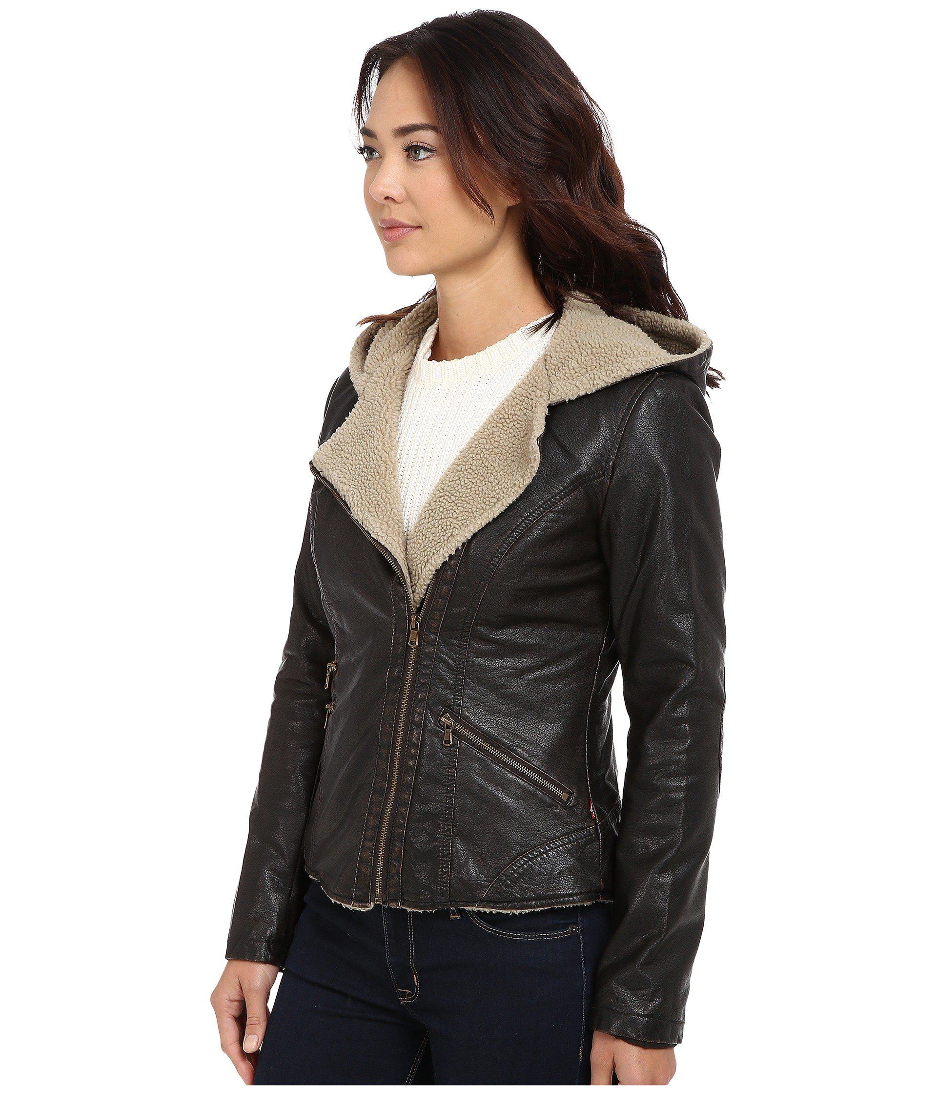 Lyst Levi S R Asymmetrical Faux Leather Hooded Moto W Lyst Levi S R Asymmetrical Faux Leather Hooded Moto W Sherpa Black Women Coat In Brown Save 20