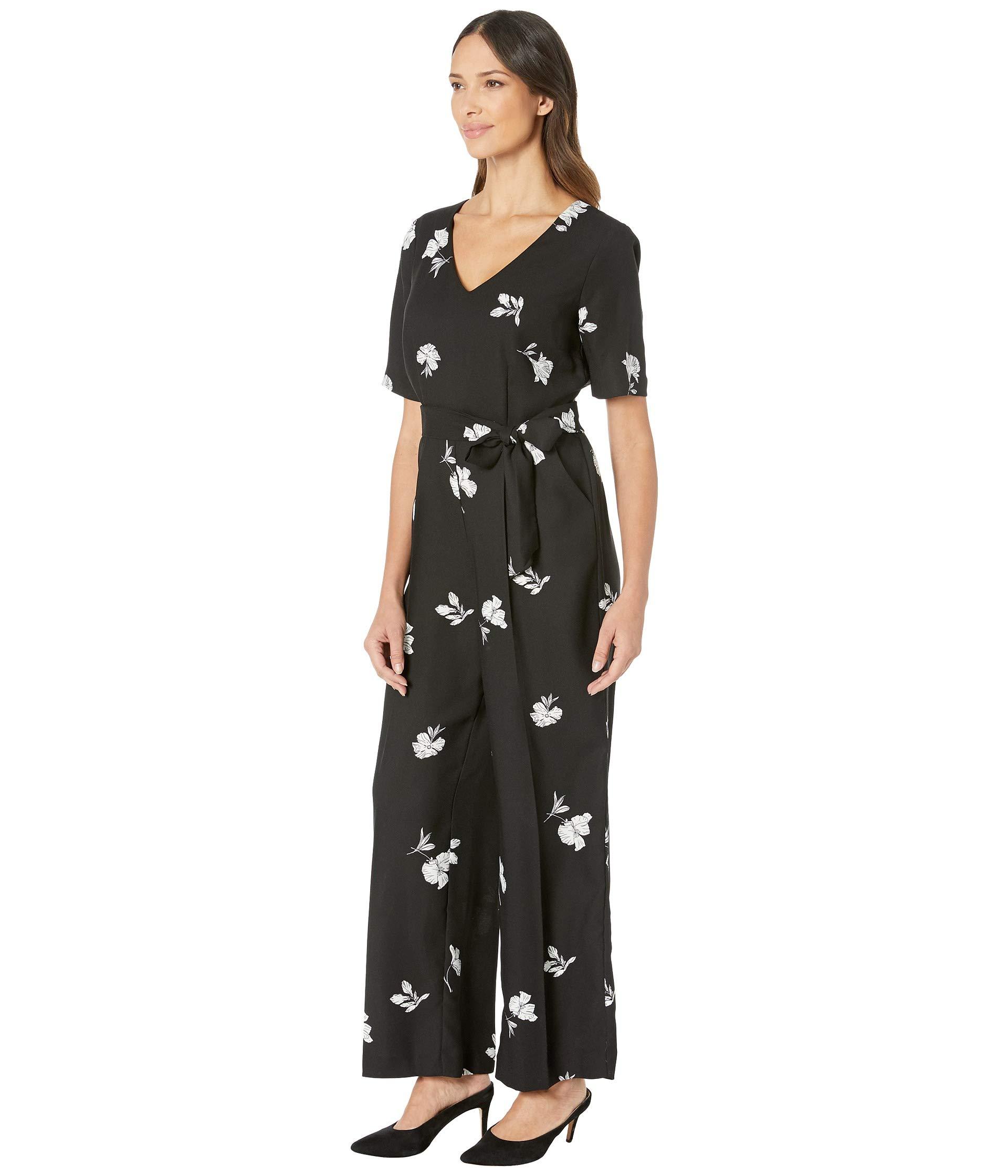 Vince Camuto Elbow Sleeve Tossed Flowers V Neck Jumpsuit Rich Black